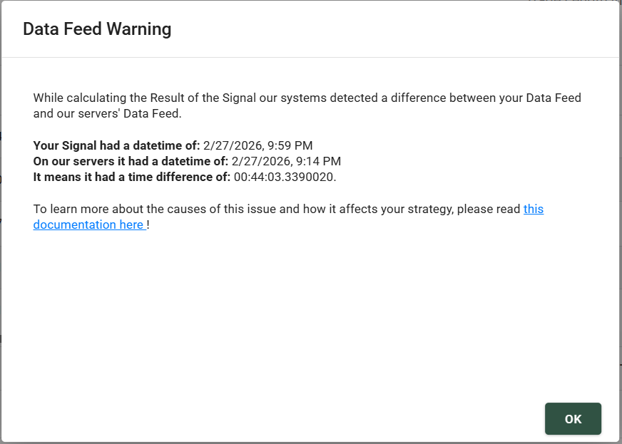 Data Feed Warning Popup